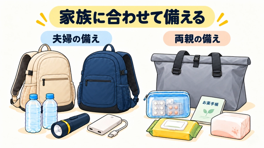 遥と浩平の非常用リュック2つと、両親用の共有バッグに分けた持ち出し品