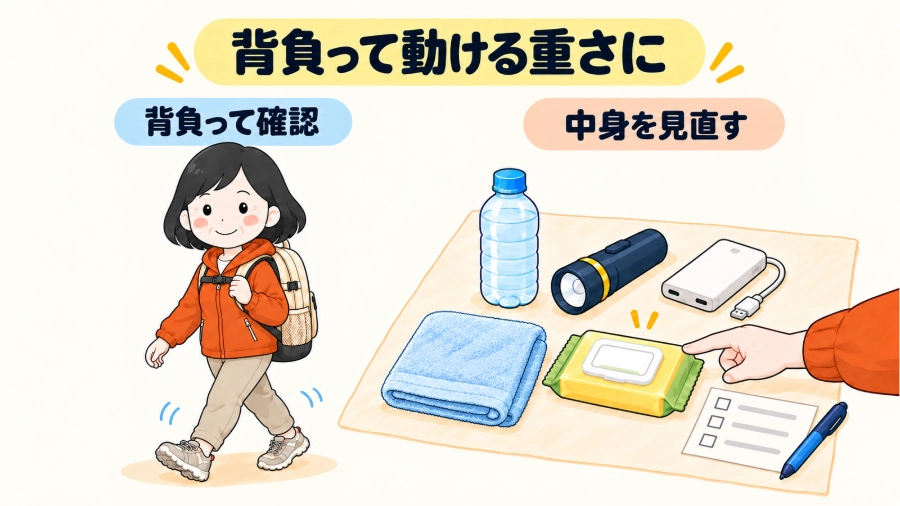 遥が非常用リュックを背負い、持ち歩ける重さになるよう中身を見直す