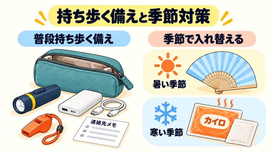日常で持ち歩く防災ポーチの中身と、暑さ・寒さに備える季節用品