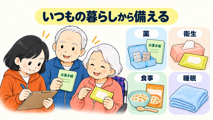 遥がチェックシートを確認し、両親と薬・衛生・食事・睡眠に必要な備えを考える