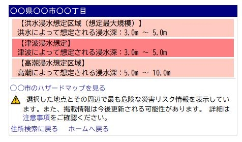 ハザードマップポータルサイトで地点を指定し、洪水・津波・高潮の浸水想定を確認した画面