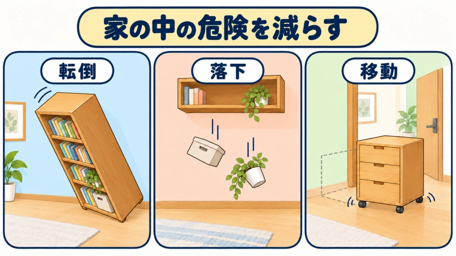 地震で本棚が倒れ、棚の上の物が落ち、家具が移動して通路をふさぐ危険