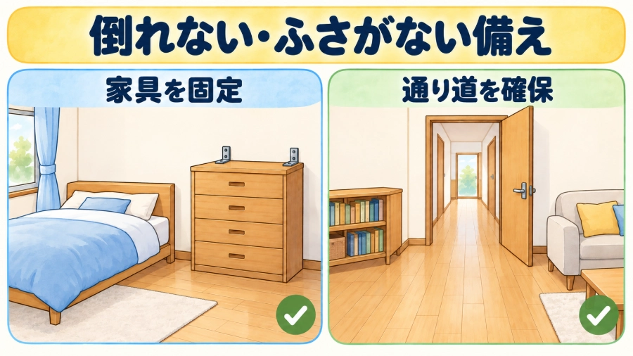 家具を壁に固定し、出入り口までの通り道を確保した室内
