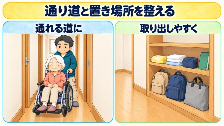 浩平が母の車椅子を押して通れる廊下と、通路をふさがない介護用品やバッグの置き場所
