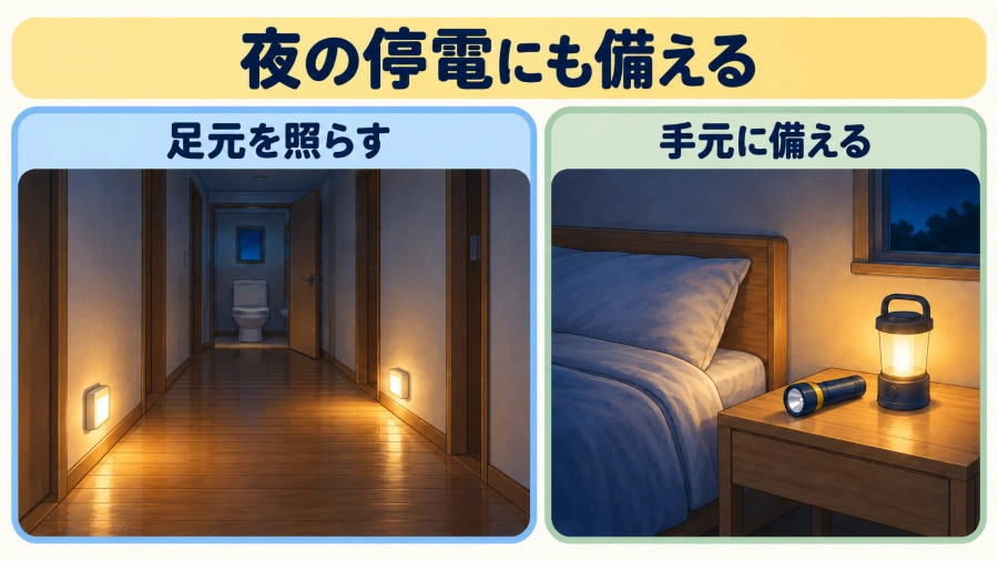 夜の停電に備えた廊下の足元灯と、枕元の懐中電灯・ランタン
