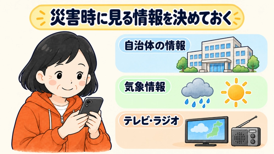 遥がスマホを確認し、自治体・気象情報・テレビやラジオを情報源として選ぶ