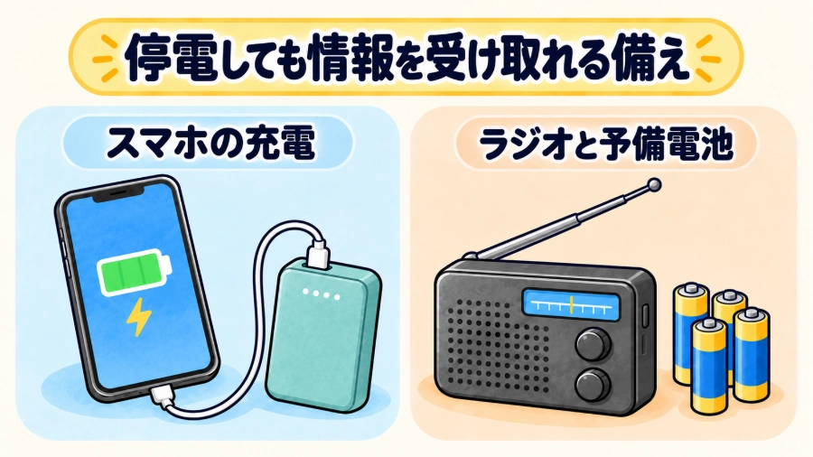 モバイルバッテリーで充電するスマホと、携帯ラジオ・予備の乾電池