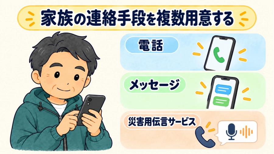 浩平がスマホを確認し、電話・メッセージ・災害用伝言サービスを連絡手段として用意する