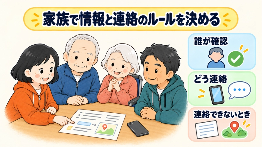家族4人で、情報の確認役や連絡方法、連絡できないときの決まりを話し合う