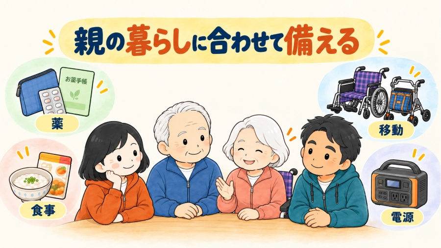 家族4人で、両親の暮らしに必要な薬・移動・食事・電源の備えを話し合う