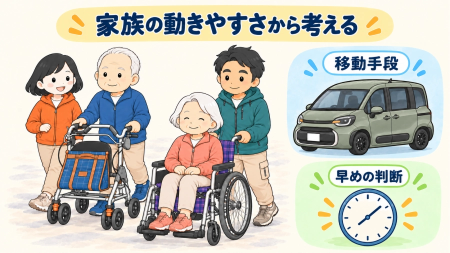 歩行器を使う父と車椅子の母の移動を支える家族と、車での避難や早めの判断