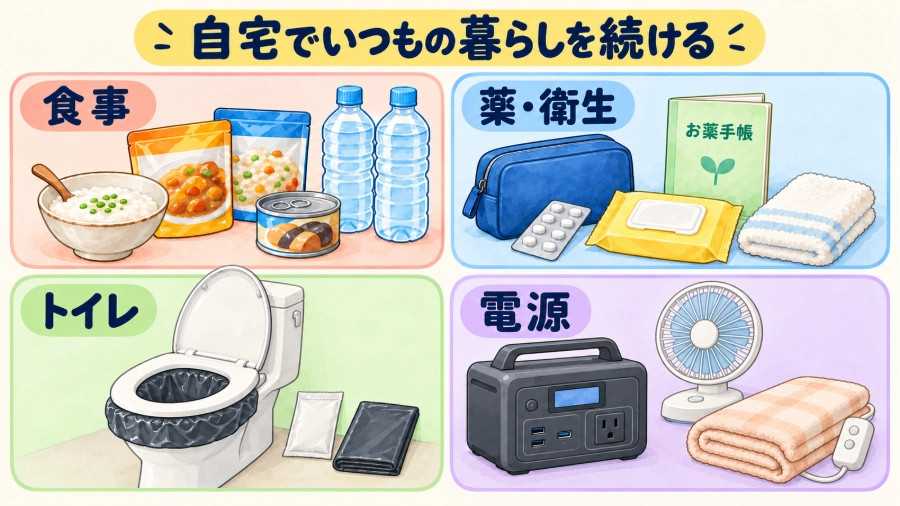 在宅避難に備えた食事、薬と衛生用品、非常用トイレ、ポータブル電源と季節の家電