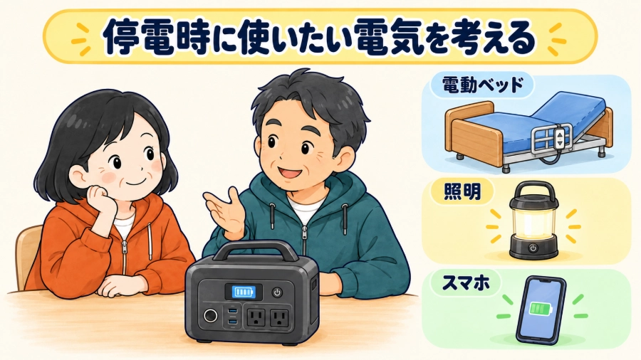遥と浩平が、停電時に電動ベッド・照明・スマホのどれを優先して使うか話し合う