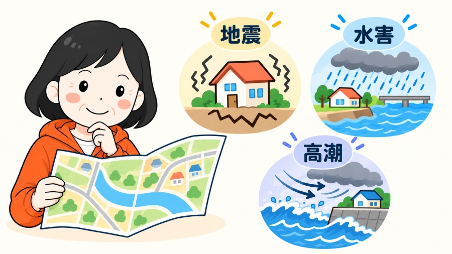 遥が地図を確認し、地域の洪水・高潮・地震の危険を把握する