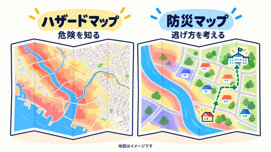 危険な場所を示すハザードマップと、避難場所や経路を示す防災マップを見比べる
