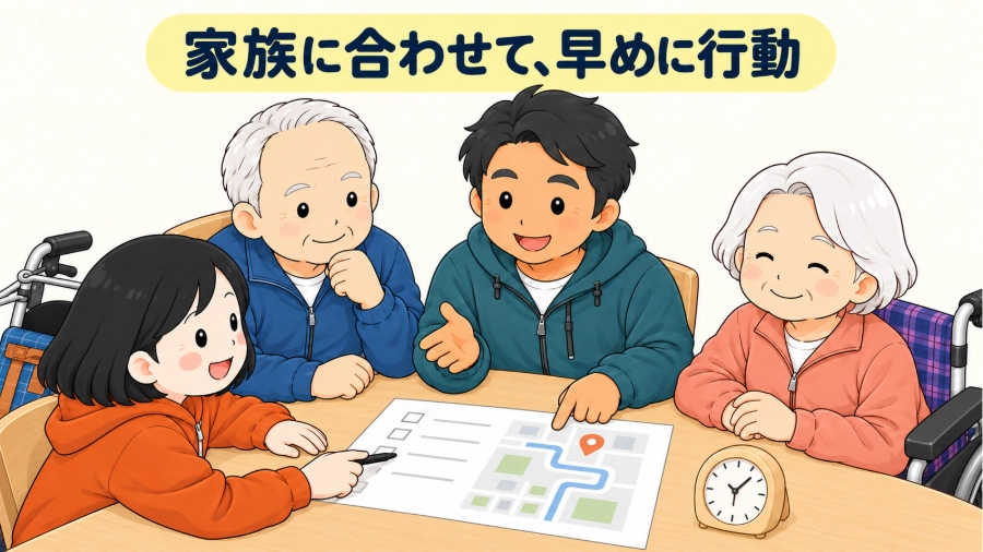 家族4人で地図を囲み、家族の状況に合わせた早めの避難を話し合う