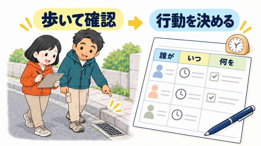 遥と浩平が地域を歩いて避難経路を確認し、誰がいつ何をするかを整理する