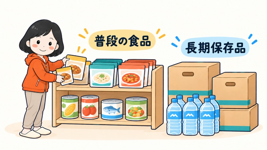 普段の食事で使う食品と、長期保存できる食品を組み合わせた備蓄