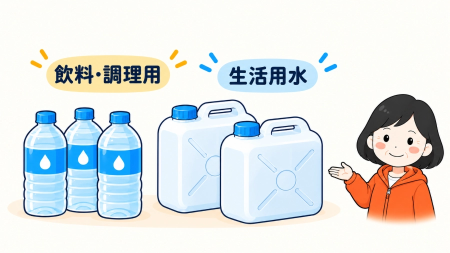 飲料水のペットボトルと、生活用水の容器を分けて備える