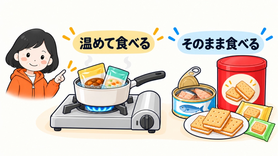 カセットコンロでレトルト食品を温める備えと、そのまま食べられる缶詰やビスケット
