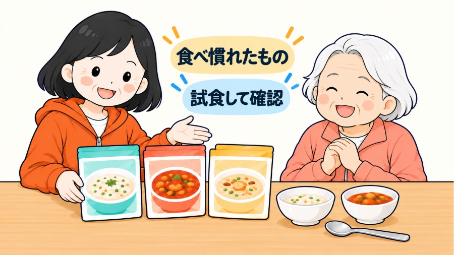 母が備蓄食品を試食し、食べ慣れた味や食べやすさを確認する
